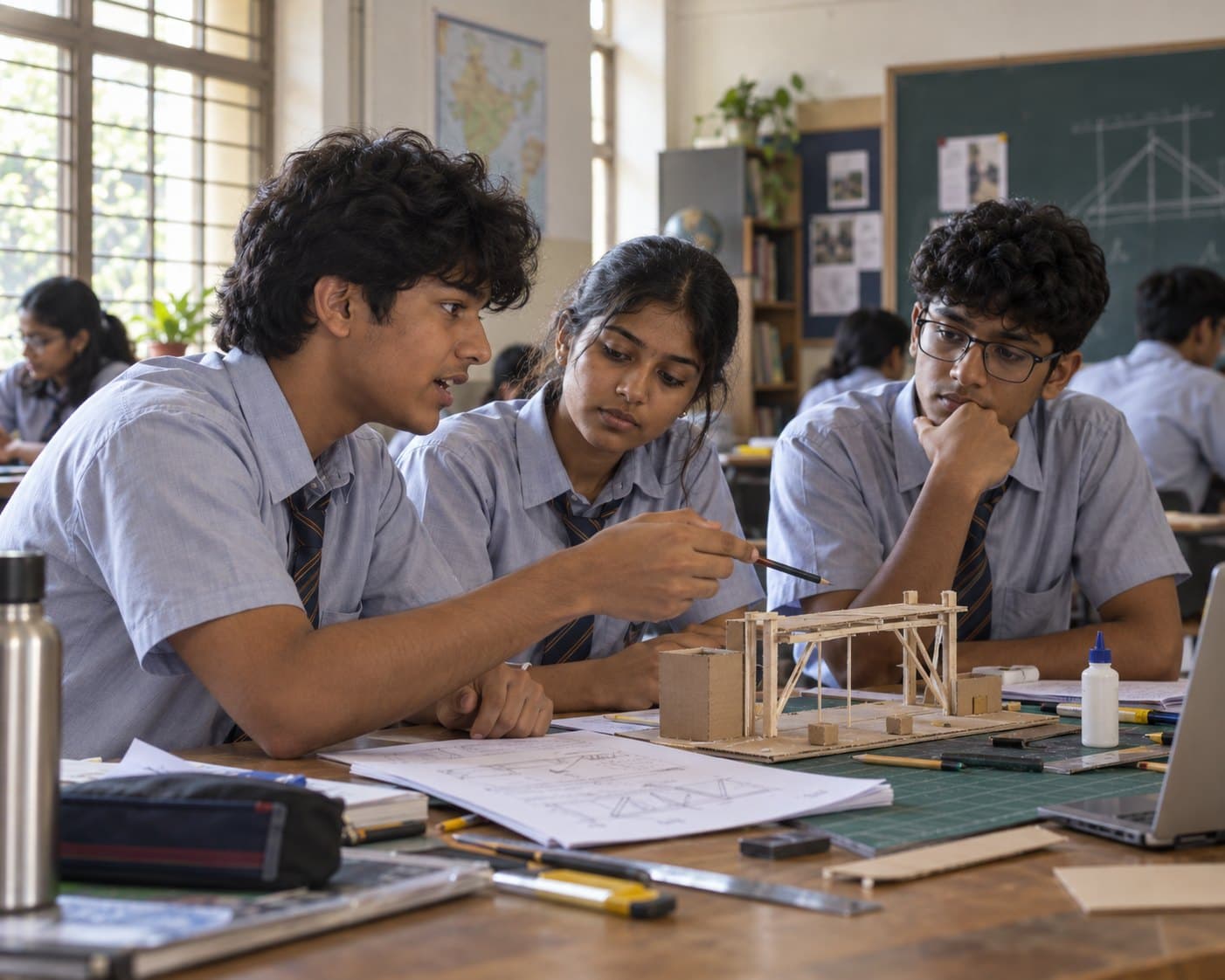 Secondary-school students working through a problem together at a classroom table